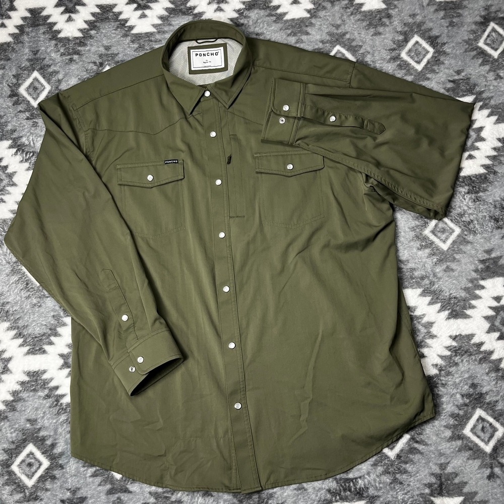 Poncho Outdoors Mens XL Western Snap Performance Shirt Olive Green Long Sleeve